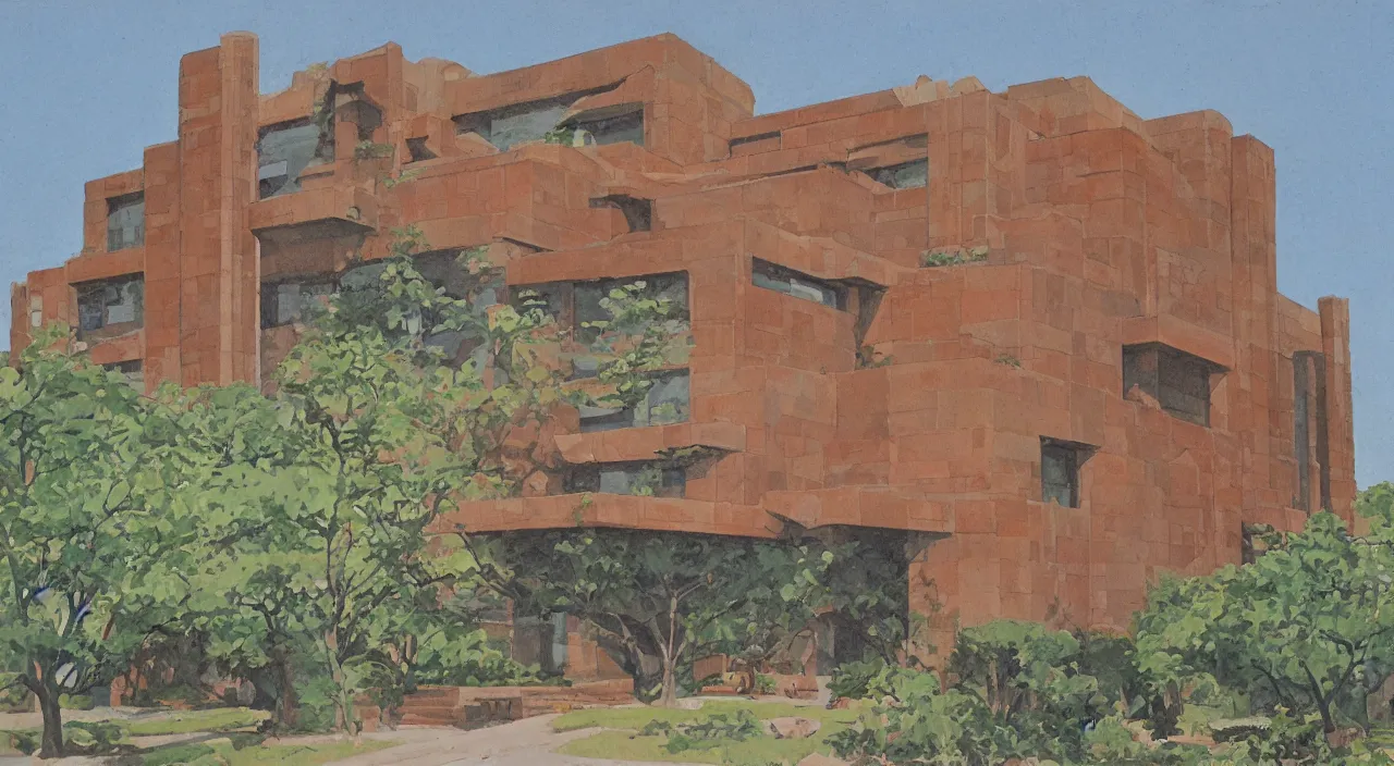 Image similar to gouache by james gurney. building designed by frank lloyd wright