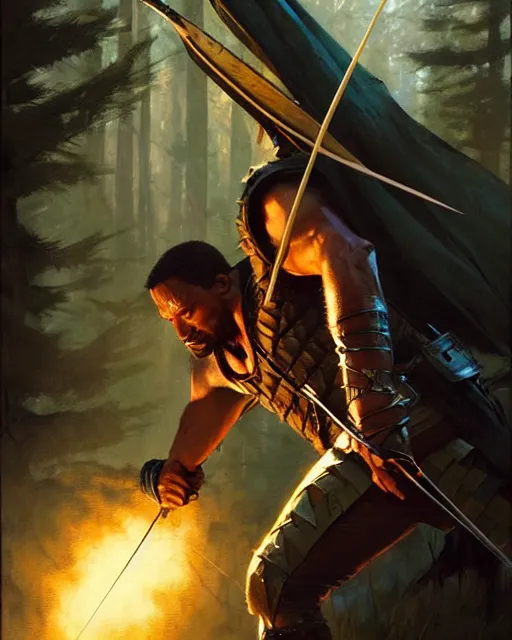 Image similar to robin hood fighting the predator. realistic shaded lighting poster by greg rutkowski, magali villeneuve, artgerm, jeremy lipkin and michael garmash and rob rey