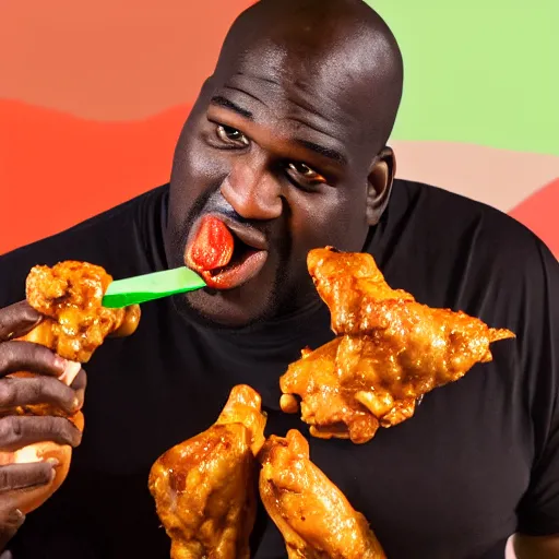 Image similar to Shaquille O'neil eating hot spicy chicken wings, 4k UHD picture