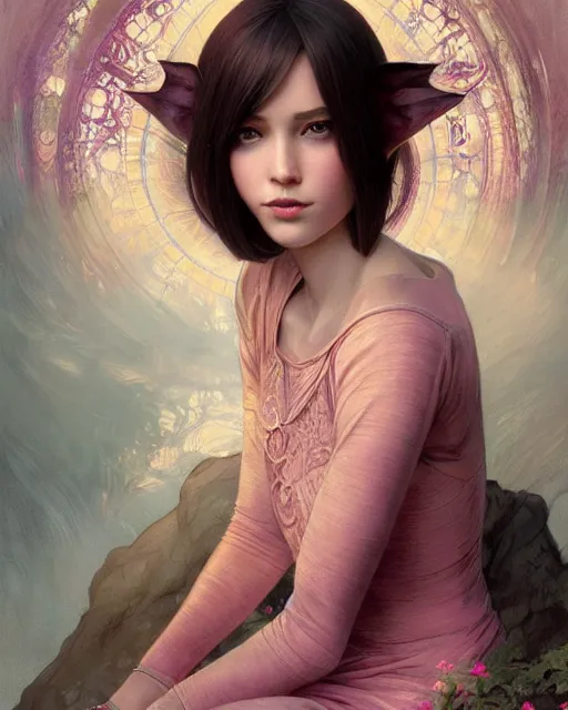 Image similar to portrait of a beautiful half elf girl with short pink layered bob haircut, intricate, elegant, highly detailed, digital painting, artstation, concept art, smooth, sharp focus, illustration, art by artgerm and greg rutkowski and alphonse mucha and uang guangjian and gil elvgren and sachin teng and wlop, symmetry