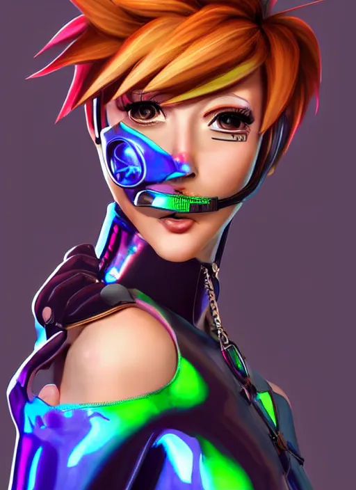 Image similar to portrait bust digital artwork of tracer overwatch, wearing iridescent rainbow latex and leather straps catsuit outfit, neon makeup, in style of mark arian, angel wings, wearing detailed leather collar, chains, black leather harness, detailed face and eyes,