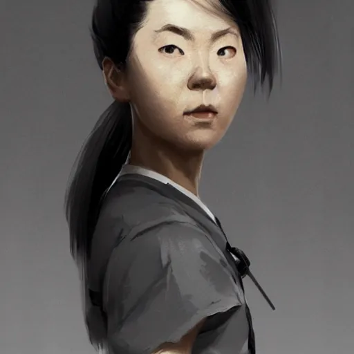 Image similar to portrait of a short muscular Japanese woman with a short ponytail wearing a gray t shirt and a work apron, dramatic lighting, illustration by Greg rutkowski, yoji shinkawa, 4k, digital art, concept art, trending on artstation