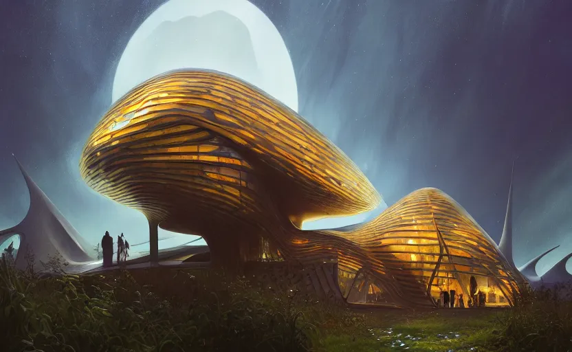 Prompt: exterior shot of witch hut utopian architecture transparent building with cinematic lighting by zaha hadid and renzo piano, darek zabrocki and greg ruthkowski, alphonse mucha, simon stalenhag, cinematic, stars, beautiful, holy place, paradise, scifi, futurism, atmospheric, concept art, artstation