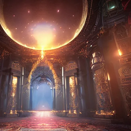 Image similar to the grand magical entrance, marbme floors, art by kotaro chiba, volumetric lighting, epic composition