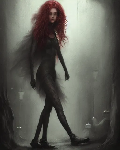 Prompt: A ultradetailed eerie beautiful matte painting of a dangerous redhaired woman walking in a dark alley at night by tom bagshaw concept art, front facing, trending on deviantart, illustration, film noire.