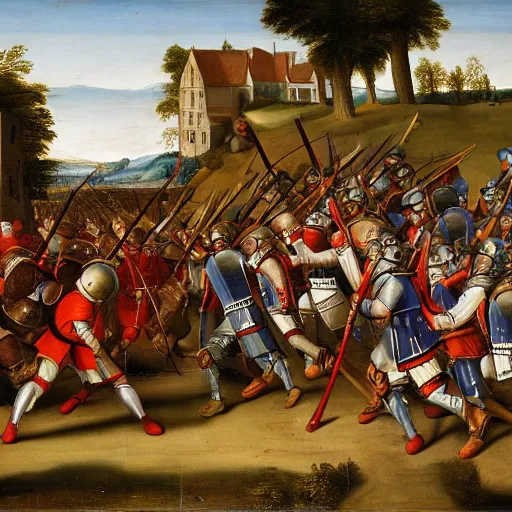 Image similar to a renaissance painting of a line of pikemen moving into battle, taken from the front.