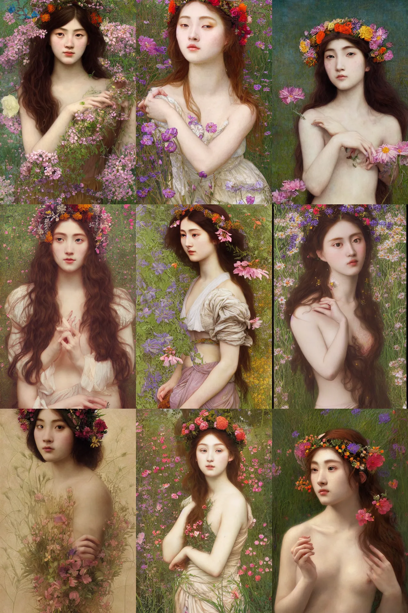 Image similar to Pre-raphaelite painting of a beautiful asian girl with freckles, wearing a flower headpiece, surrounded by big flowers, porcelain skin, cinematic lighting, photo realistic, highly detailed, maya, digital painting, artstation, concept art, sharp focus, illustration, by Mucha