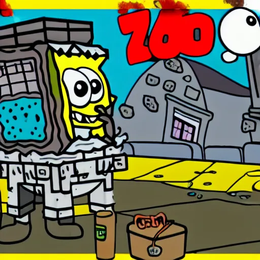 Image similar to doomer spongebob destroys zombies using only crabby patty in kyiv Lo-FI