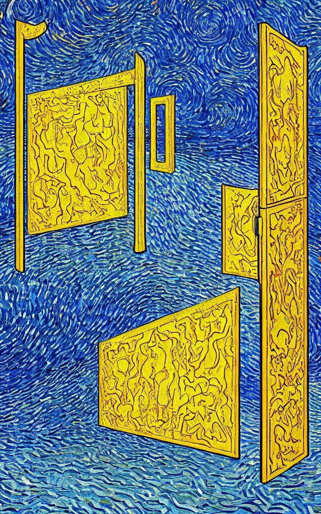 Image similar to rectangular portal gate to another world. fractal. retro minimalist art by jean giraud and van gogh