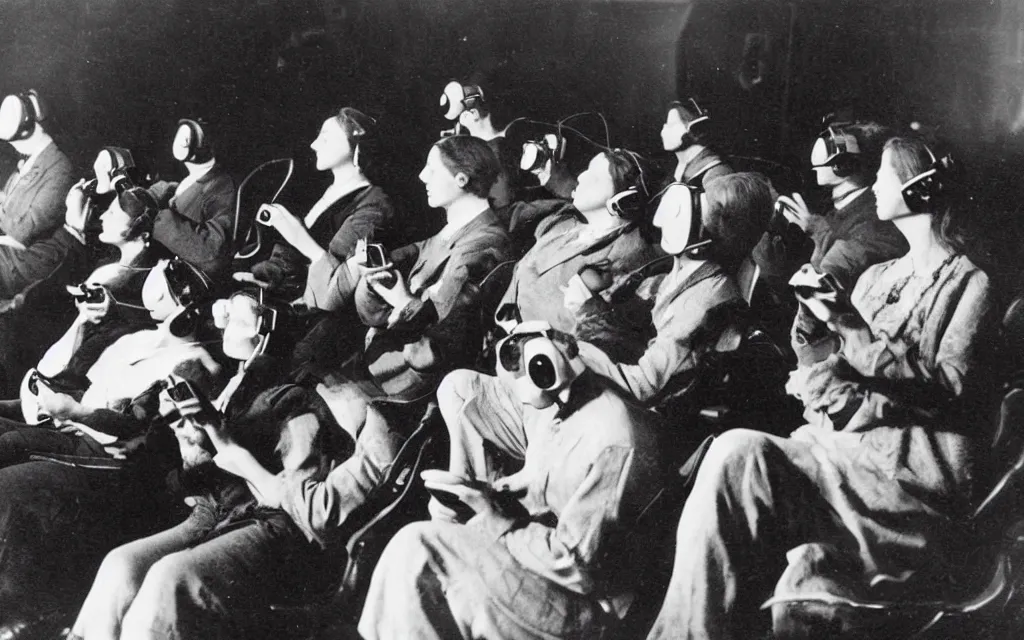 Image similar to 1 9 0 0 s photo of people using iphones ipods virtual reality headsets vr watching hd tv in a movie theater