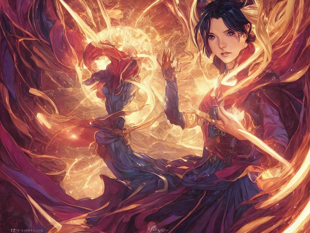 Image similar to anime key visual of a beautiful female doctor strange, marvel comics, spells, magic, intricate, magical village, stunning, highly detailed, digital painting, artstation, smooth, hard focus, illustration, art by artgerm and greg rutkowski and alphonse mucha