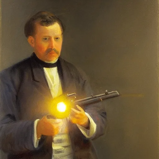 Prompt: a beautiful oil painting by harriet backer of glowing sunlight behind a male priest holding a gun, trending on artstation