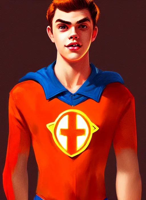 Image similar to teenage archie andrews wearing an orange superhero costume, intricate, elegant, glowing lights, highly detailed, digital painting, artstation, sharp focus, illustration, art by wlop, mars ravelo and greg rutkowski