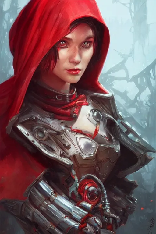 Image similar to cyborg red riding hood, d & d, fantasy, portrait, highly detailed, headshot, digital painting, trending on artstation, concept art, sharp focus, illustration, art by artgerm and greg rutkowski and magali villeneuve