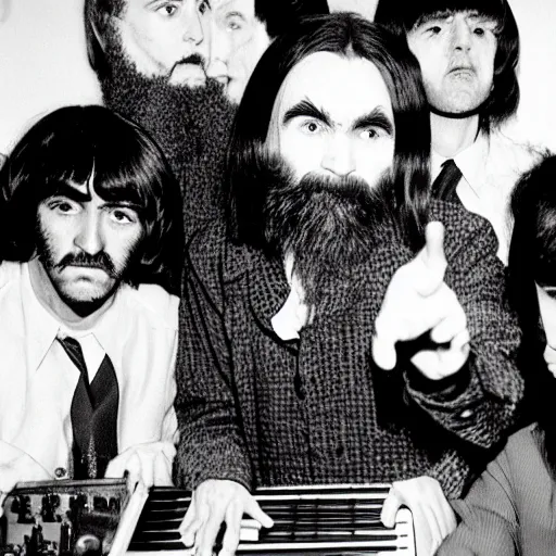 Image similar to charles manson playing keyboard with the beatles, 3 5 mm photography, realistic, detailed, uncropped, realistic face,