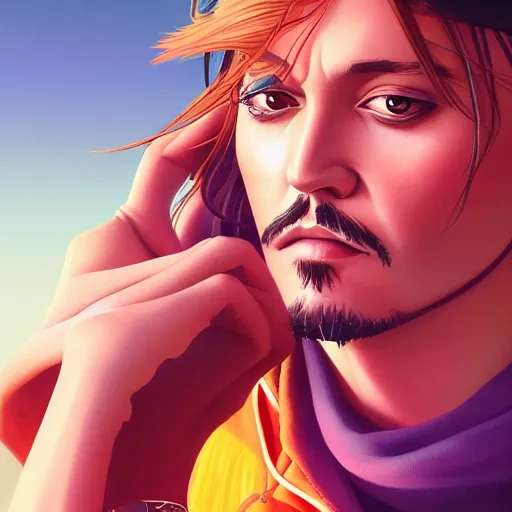 Image similar to portrait of Johnny depp, sunset background, rich vivid colors, ambient lighting, dynamic lighting, 4k, official media, anime key visual, makoto shinkai, ilya kuvshinov, lois van baarle, rossdraws, detailed, trending on artstation