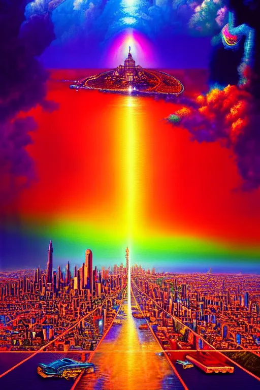 Prompt: a beautiful hyperdetailed painting of spiritual evolution city of god, rainbow retrowave fantasy, wallpaper, highly detailed, trending on artstation.