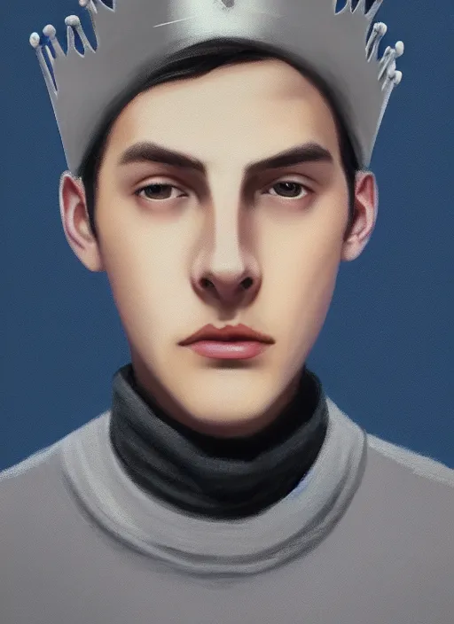 Image similar to portrait of teenage jughead jones wearing a light grey crown, crown, blue turtleneck, 1 9 5 0 s, closed eyes, photorealistic, black hair, glowing lighting, intricate, elegant, glowing lights, highly detailed, digital painting, artstation, concept art, smooth, sharp focus, illustration, art by wlop, mars ravelo and greg rutkowski