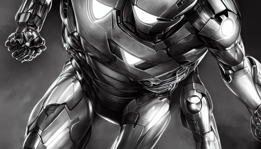 Image similar to tom cruise in black and white iron man suit with green arc reactor, hyperdetailed, artstation, cgsociety, 8 k