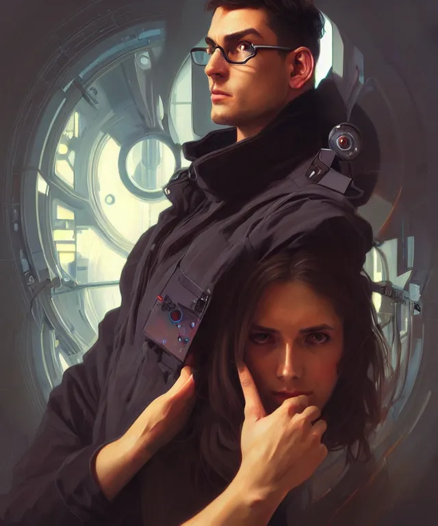 Prompt: Hacker man portrait hacks computer, highly detailed, digital painting, artstation, concept art, smooth, sharp focus, illustration, art by artgerm and greg rutkowski and alphonse mucha