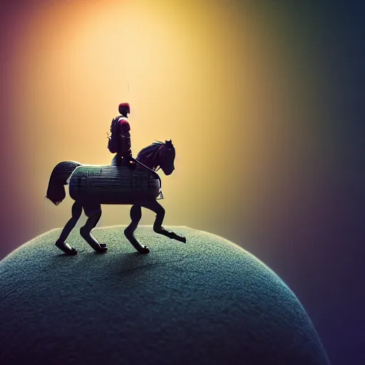 Image similar to photography of anthropomorphic horse men riding on top of an astronaut horse back. from western by hiroyuki okiura and katsuhiro otomo and alejandro hodorovski style with many details by mike winkelmann and vincent di fate in sci - fi style. volumetric natural light photo on dsmc 3 system,
