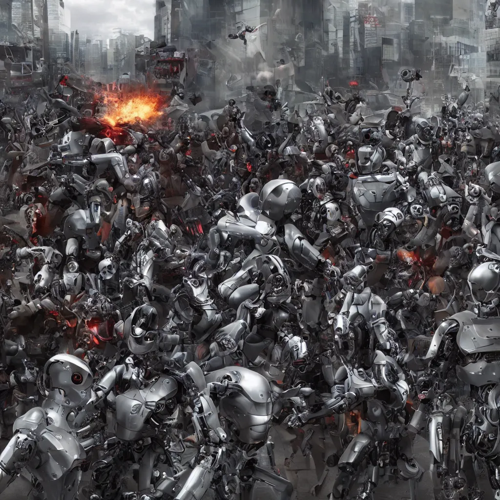 Image similar to robotic rebellion, cyborgs raise against humans in the streets, ocfane render, photo realistic, hyper realistic, 8 k resolution