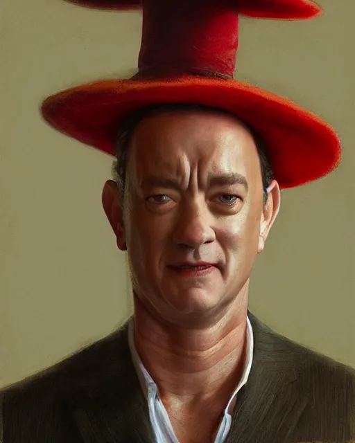 Prompt: closeup portrait of whimsical conniving tom hanks wearing a red hat, court jester in renaissance era,, masterpiece, by donato giancola and greg rutkowski and wayne barlow and zdzisław beksinski, high contrast, realistic face