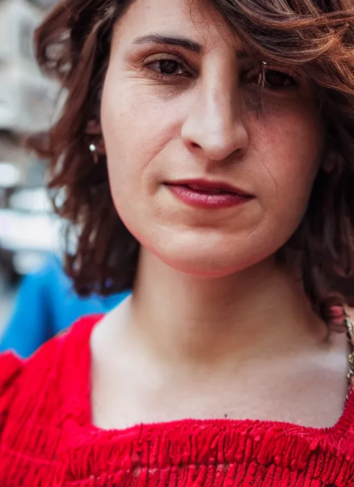 Prompt: close up portrait of beautiful 35-years-old Italian woman, wearing a red outfit, well-groomed model, candid street portrait in the style of Mario Testino award winning