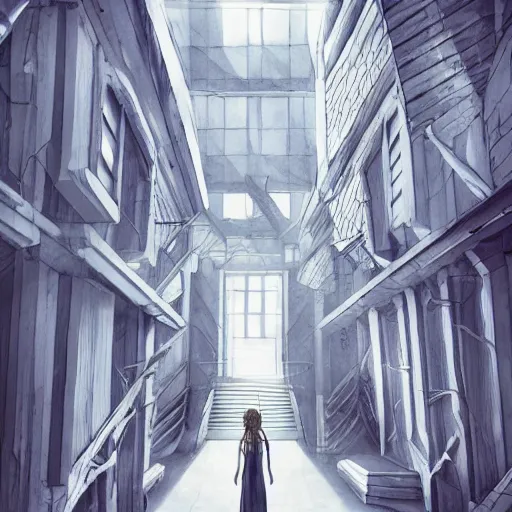 Image similar to a creepy woman walking through a bright white staircase with many doors and hallways, mc escher architecture, very detailed background, epic composition, anime key visual, anime style, by makoto shinkai