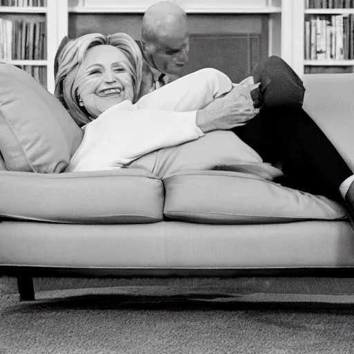 Image similar to up close of joe biden and hillary clinton cuddling on a loveseat