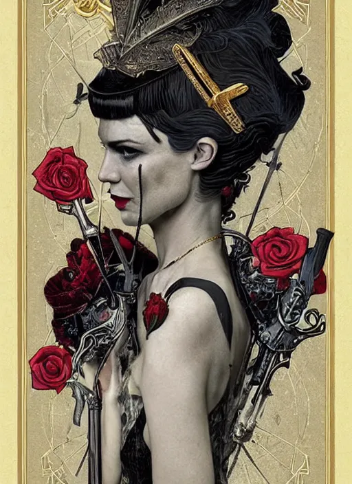 Prompt: tarot card :: horror :: vampires and draculas :: like the great gatsby :: hearts and roses :: gold and silver :: guns and swords :: side profile :: highly details :: intricate details :: Sandra Chevrier and bastien lecouffe deharme