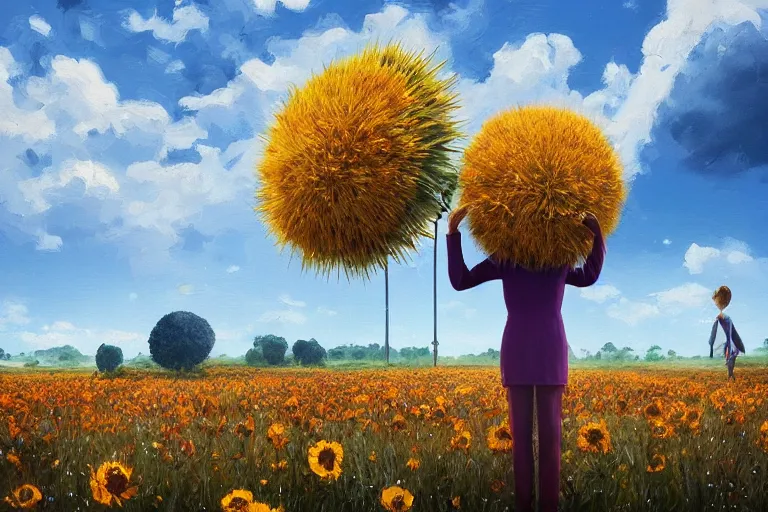 Prompt: giant thistle flower as head, a girl in a suit in a field of flowers, surreal photography, sunrise, blue sky, dramatic light, impressionist painting, digital painting, artstation, simon stalenhag