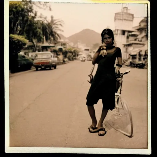 Image similar to 3 5 mm vintage polaroid picture of a nepali girl in the street of kathmandu, posing for playboy photoshoot