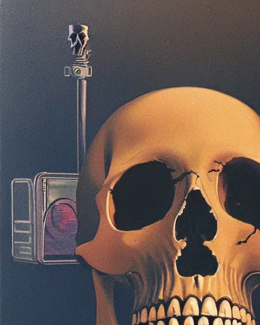 Image similar to a sacred skull observing 8 0 s era technology, vintage shapes, retro technology, vintage color, wayne barlow, oil on canvas, deep depth of field, masterpiece, cinematic composition, hyperdetailed