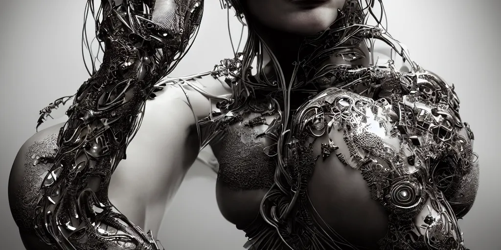 Image similar to hyper realistic photography of a stunningly beautiful cyborg female, plated arm, intimate, chest, holding close, ribbons, in the style of beth cavener, jin kagetsu,, and wlop, highly detailed, intricate filigree, symmetry, masterpiece, award winning, sharp focus, concept art, highkey lighting, ambient lighting, octane render, 8 k, artstation