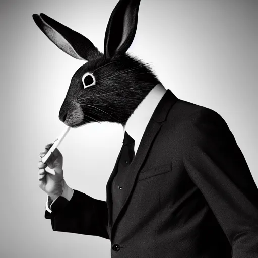 Image similar to a humanoid rabbit wearing a peak lapel suit and smoking a cigarette, chiaroscuro, medium shot, cinematic promo material