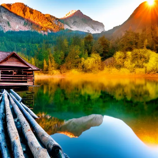 Image similar to DSLR still of a beautiful mountainside river with a pier and a log cabin at sunrise, 4k