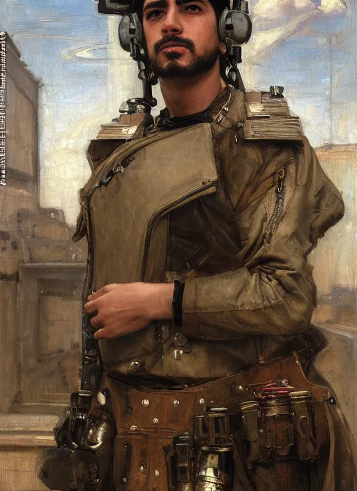 Prompt: Hector. cyberpunk pilot wearing military vest. attractive face. Iranian orientalist portrait by john william waterhouse and Edwin Longsden Long and Theodore Ralli and Nasreddine Dinet, oil on canvas. Cinematic, hyper realism, realistic proportions, dramatic lighting, high detail 4k