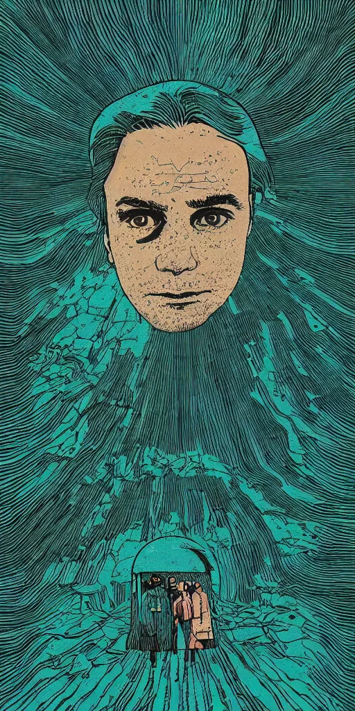 Image similar to eternal sunshine of the spotless mind, film grain, poster, style of 2d retro woodblock, layers of surreal geology, black fine lines on teal , stanley donwood, victo ngai, orthographic Wes Anderson