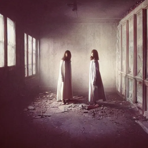 Prompt: a beautiful and eerie picture of two women wearing nightdresses in an abandoned mansion in silent hill. Photographed in the 1970s, by Alan Lee