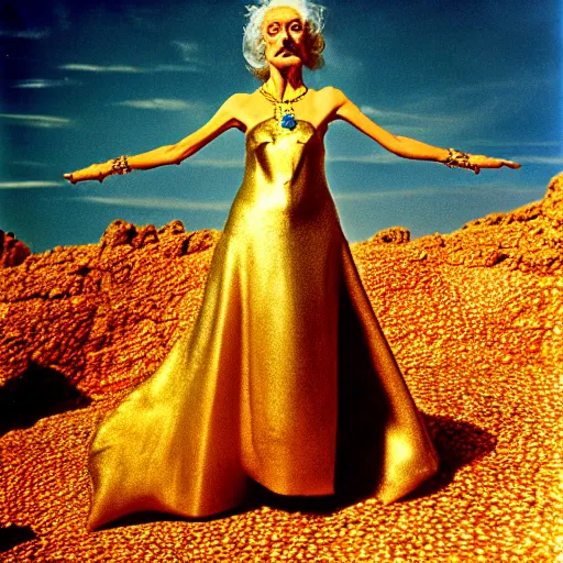 Image similar to salvador dali wearing a golden dress with jewels in a dry rocky desert landscape, visible sky and sunny atmosphere, film still from the movie by alejandro jodorowsky with cinematogrophy of christopher doyle and art direction by hans giger, anamorphic lens, kodakchrome, very detailed photo, 8 k