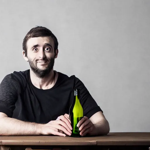 Image similar to portrait of a 3 0 years old frenchman in 2 0 2 0 seated at a table with a bottle of wine. award winning photography, 5 0 mm, studio lighting.