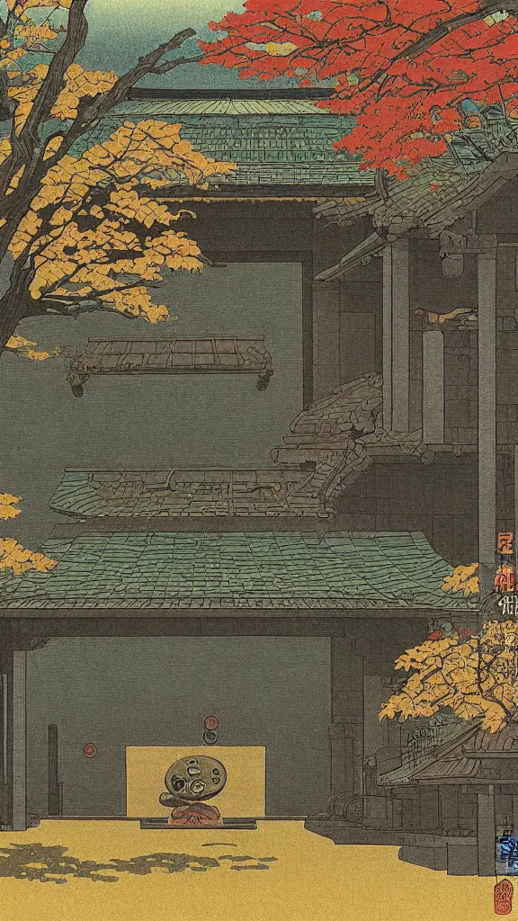 Prompt: a beautiful ancient bathhouse with a bathing alien creature in the autumn by hasui kawase