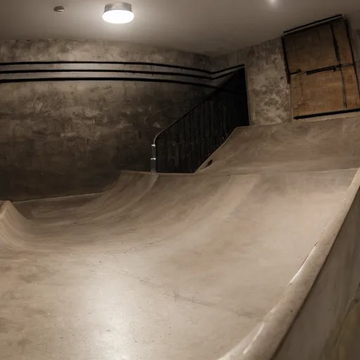 Prompt: a skateboard ramps in a basement