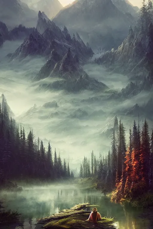 Image similar to beautiful matte painting by arthur gurin concept art fantasy path mountains and meadow in the background near a lake reflecting the trees, atmospheric lighting, painted, intricate, volumetric lighting, beautiful, rich deep colors masterpiece, sharp focus, ultra detailed by