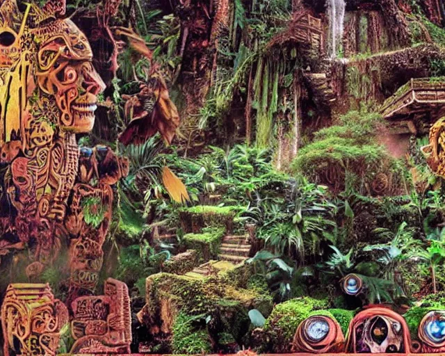 Image similar to mayan jaguar punk exploring an alien garden las pozas, 1 9 7 0's sci - fi, lofi technology, deep aesthetic colors, 8 k, highly ornate intricate details, extreme detail, cut out collage, william s burroughs