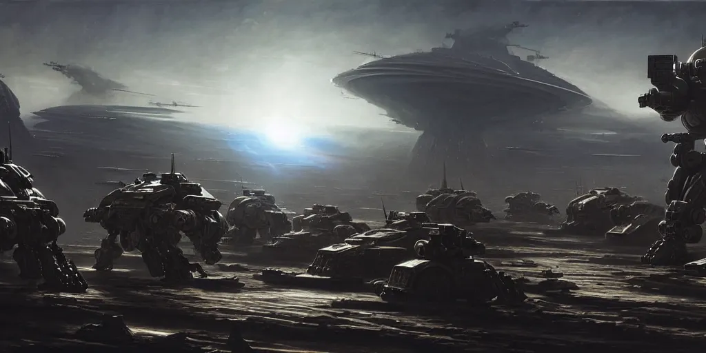 Image similar to hyper realistic sci - fi matte concept art painting of epic cinematic battle between a variety of mechwarriors and soldiers fighting on mercury with solar panels in background, guns, brightly lit!, beautiful details, strong composition painted by kim jung guweta studio rutkowski, james gurney and greg rutkowski, and lucasfilm, smooth, intricate, detailed, sharp focus, cinematic