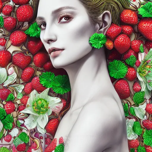 Image similar to the portrait of an absurdly beautiful, graceful, elegant, sophisticated, fashionable woman made of strawberries and green petals focusing hard, an ultrafine hyperdetailed illustration by kim jung gi, irakli nadar, intricate linework, bright colors, octopath traveler, final fantasy, unreal engine 5 highly rendered, global illumination, radiant light, detailed and intricate environment