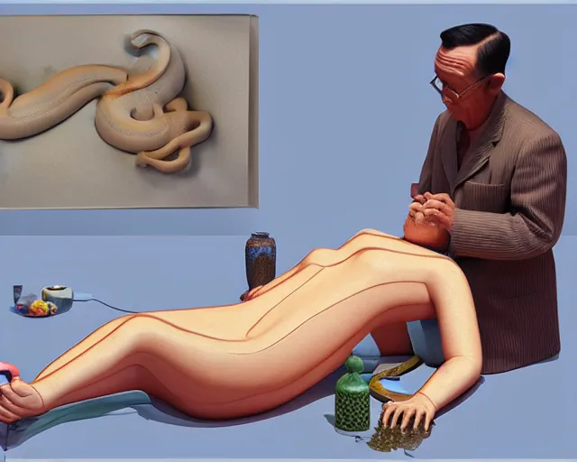 Image similar to the famous snake oil salesman Uncle Aloysius curing a patient of 🐻, painting by Grant Wood, 3D rendering by Beeple, sketch by R. Crumb