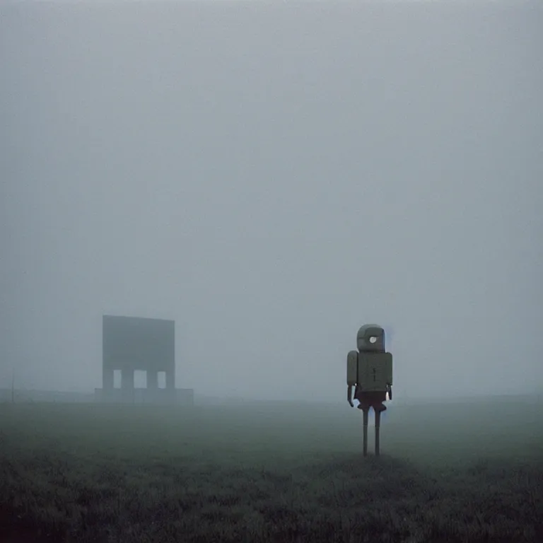 Image similar to a sole angular lanky liminal observer droid, in a brutalist yet rural landscape by simon stalenhag, 3 5 mm film photography, dawn, eerie fog